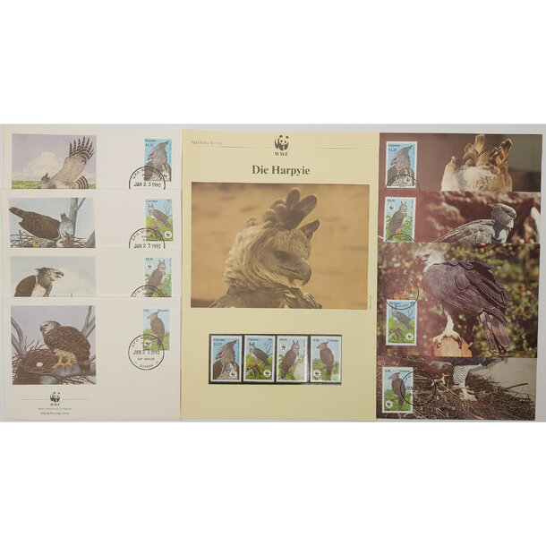 Lot fdc guyana 1990 - harpyje pralesné - Lot 4 ks FDC + známky Guyana 1990 - Harpyje pralesné
