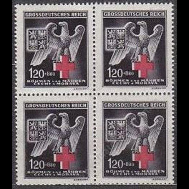 Známka protektorát čechy a morava 1943 - 120 h červený kríž (štvorbloky) - znamky-pcm-1943-132B