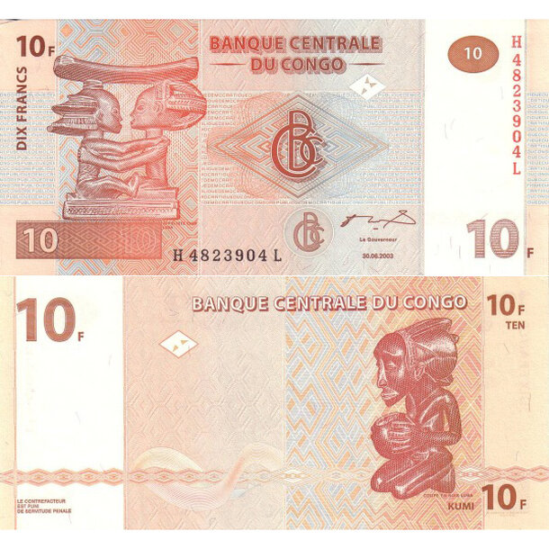 10 francs 2003 kongo - Bankovka Kongo 10 Francs 2003 - 93