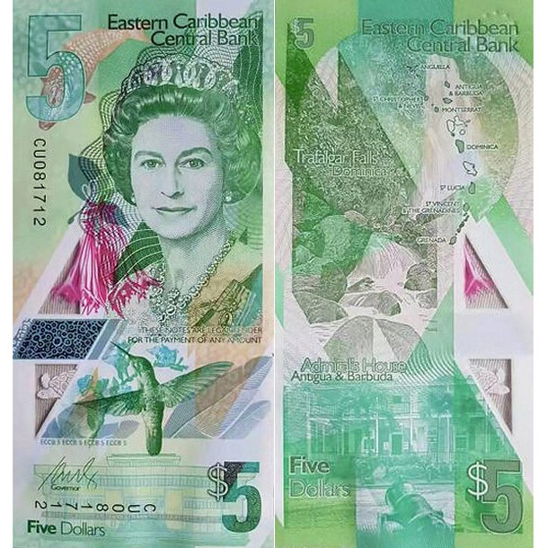 5 dollars 2021 východný karibik - Bankovka Východný Karibik 5 Dollars 2021 - 56 polymér