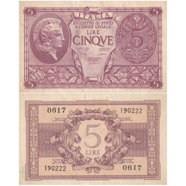 5 lire 1944 taliansko - Taliansko-5-Lire-1944-31c