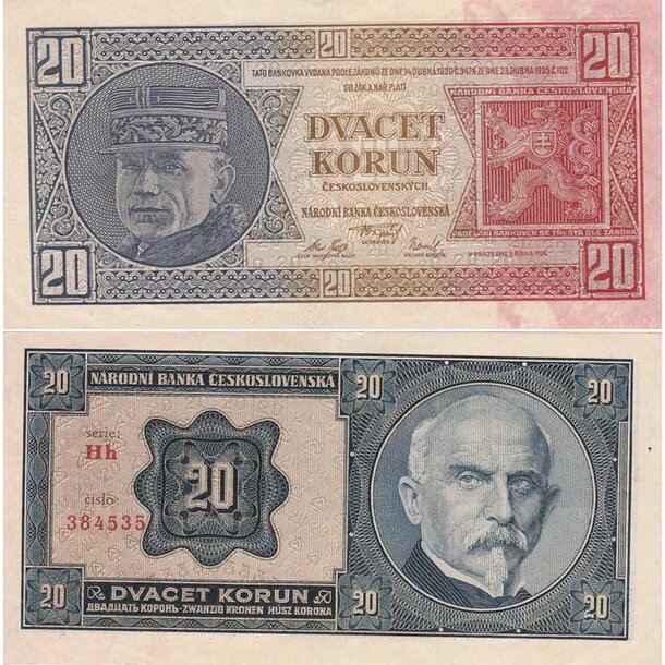 20 korún 1926 československo - séria hh - 20-kcs-1926-hh