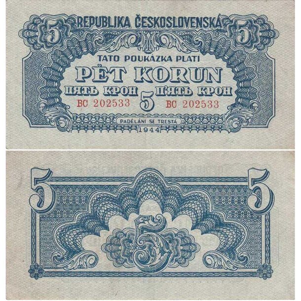 5 korún 1944 československo - 5-k-1944-bc