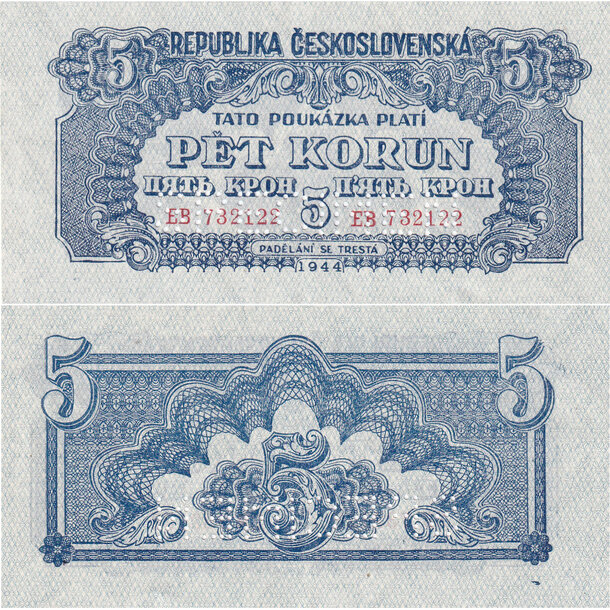 5 korún 1944 československo - 5 Korún 1944 XF - 46a perf. 1 x SPECIMEN dole
