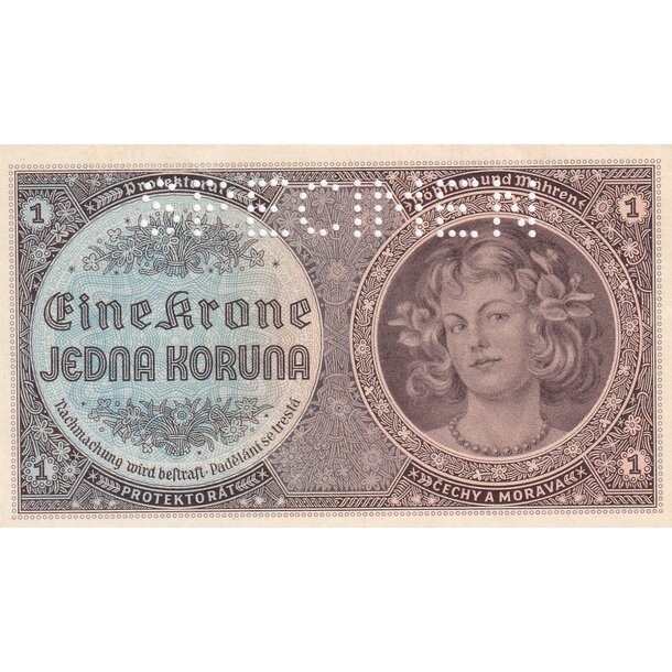1 koruna 1940 protektorát čechy a morava - séria d - 1 Koruna 1940 UNC séria D - 3 perf. 1x SPECIMEN hore-1