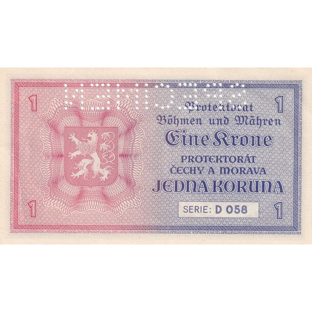 1 koruna 1940 protektorát čechy a morava - séria d - 1 Koruna 1940 UNC séria D - 3 perf. 1x SPECIMEN hore-2