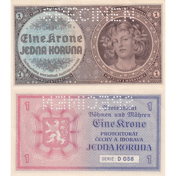 1 koruna 1940 protektorát čechy a morava - séria d - 1 Koruna 1940 UNC séria D - 3 perf. 1x SPECIMEN hore