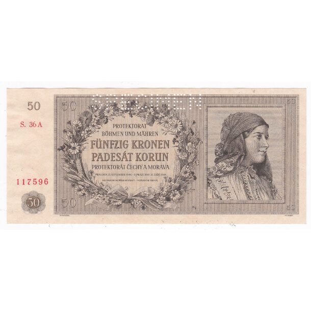 50 korún 1944 protektorát čechy a morava - séria a - Bankovka PČM 50 Korún 1944 AU- séria A - 10 (3) -1