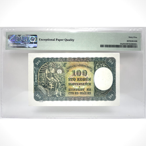 100 koruna 1940 slovenská republika - séria l4 (pmg certifikácia) - SR 100 Korún 1940 I.vyd. UNC séria L4 - 10 (PMG65) 2