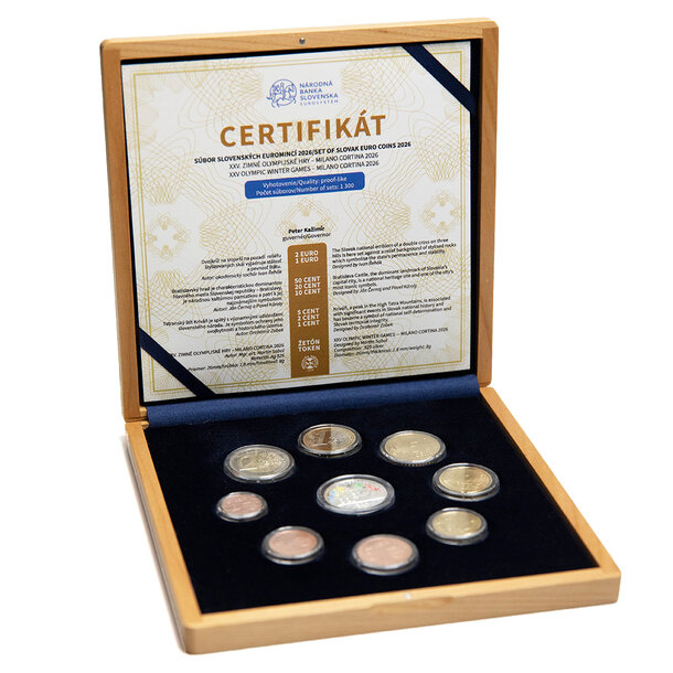 Sada obehových euro mincí sr 2026 - zoh milano cortina - proof - Sada Euro mincí SR26 - ZOH Milano Cortina - proof-drevo-1