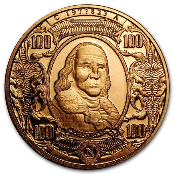 Medená minca bankovka benjamina franklina 1 unca - 1oz-copper-100-usd-benjamin-franklin-banknote-round-obverse