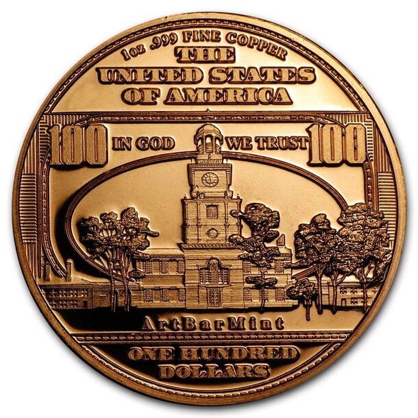 Medená minca bankovka benjamina franklina 1 unca - 1oz-copper-100-usd-benjamin-franklin-banknote-round-reverse