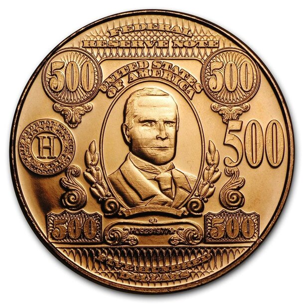 Medená minca bankovka benjamina franklina 1 unca - 1oz-copper-500-usd-william-mckinley-banknote-round-obverse