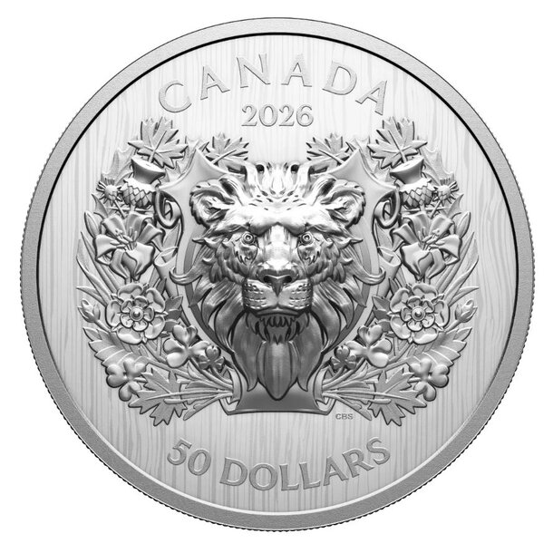 50 dollars kanada 2026 - heraldický lev - proof - 50-dollars-heraldic-lion-2
