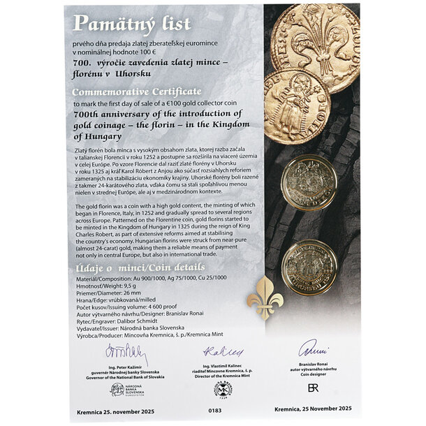 Pamätný list 100 € zavedenie florénu v uhorsku 2025 - pamatny-list-100e-2025