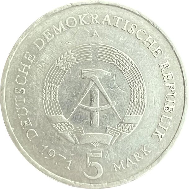 5 mark nemecko (ddr) 1971 - brandenburská brána a - 5-mark-1971-brana-2