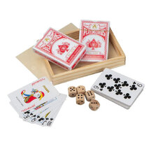 Playing cards in a wooden box with dice